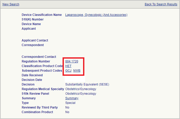 Eintrag in der Datenbank zur FDA Zulassung Premarket Notification 510k zu einem Predicate Device