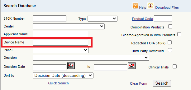 Datenbank zur FDA Zulassung Premarket Notification 510k zur Suche nach einem Predicate Device